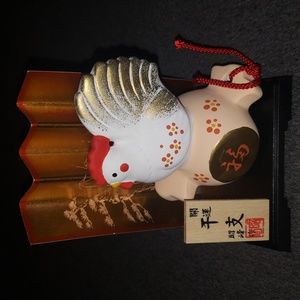 Japanese Rooster Ceramic Good Luck Ornament with platform Background Fan, Sign